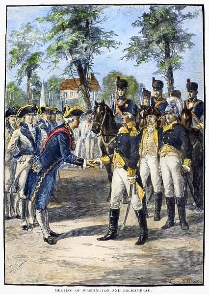 (1725-1807). Jean Baptiste Donatien de Vimeur. French soldier. The meeting of Comte de Rochambeau and General George Washington at Wethersfield, Connecticut, May 1781. Wood engraving, American, late 19th century, after A. R. Waud
