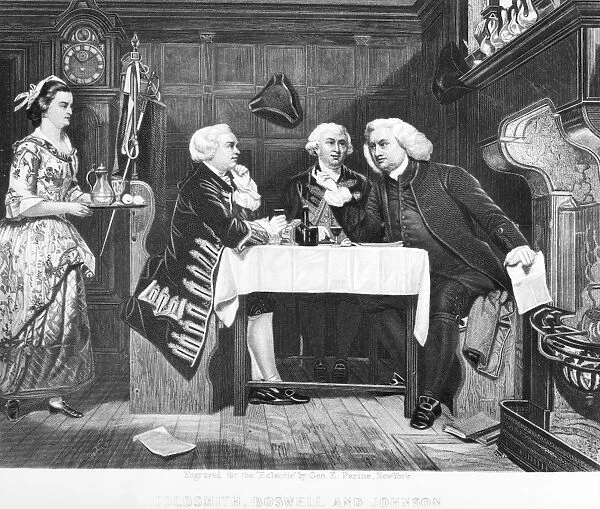 (1728-1774). Anglo-Irish writer. Goldsmith, James Boswell, and Samuel Johnson at the Mitre Tavern in London. Steel engraving, 19th century
