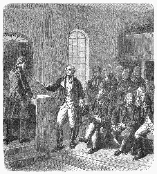 (1732-1799). 1st President of the United States. Washington resigning his commission as commander-in-chief of the Continental Army at Annapolis, Maryland, in 1783. Wood engraving, German, 19th century