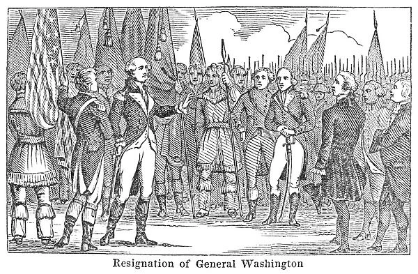 (1732-1799). 1st President of the United States. Resignation of General Washington as commander-in-chief of the Continental Army at Annapolis, Maryland, 1783. Wood engraving, 19th century