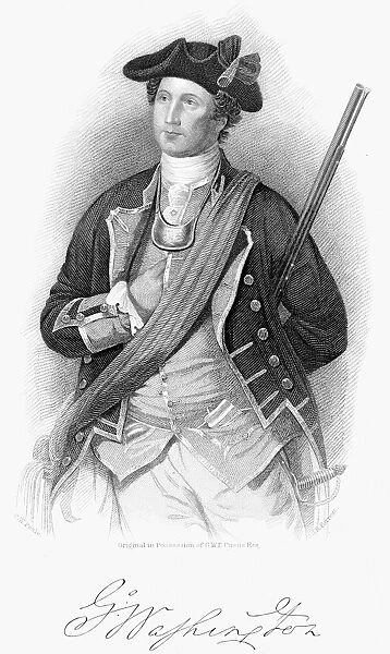 (1732-1799). First President of the United States. Steel engraving after the painting, 1772, by Charles Willson Peale depicting Washington as a colonel in the Virginia Colonial Militia