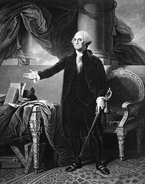 (1732-1799). First President of the United States. Mezzotint engraving, 1844, after Gilbert Stuart