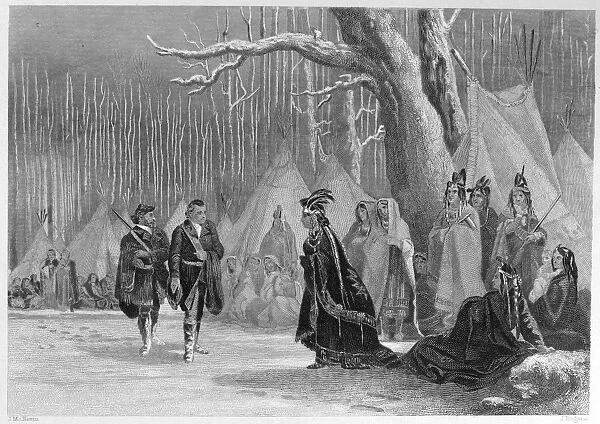 (1732-1799). First President of the United States. Major George Washington and his guide, Christopher Gist, call on Alliquippa, Queen of the Seneca Native Americans, in present-day western Pennsylvania, December 1753. Steel engraving, 1856, by John Rogers after John McNevin