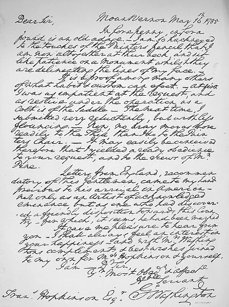 (1732-1799). First President of the United States. Letter, May 1785, from George Washington to Francis Hopkinson authenticating Robert Edge Pines portrait of Washington from the same year
