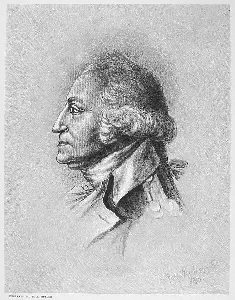 (1732-1799). First President of the United States. Engraving after a painting made in 1793 by St. Memin