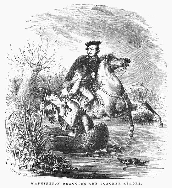 (1732-1799). First President of the United States. Washington dragging the poacher ashore. Engraving, 19th century