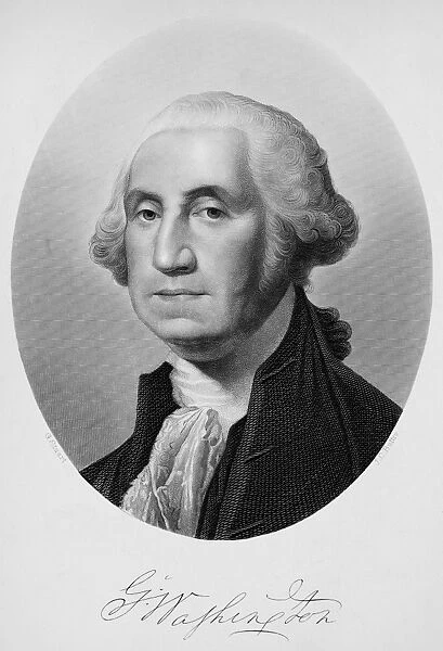 (1732-1799). First President of the United States. Steel engraving after Gilbert Stuart