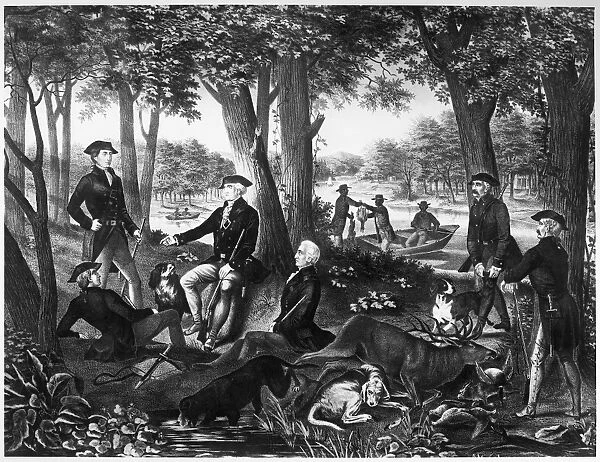 (1732-1799). First President of the United States. Washington and Friends After a Days Hunt in Virginia. Lithograph by Charles Tholey, 1868. The other men are identified by the artist as Wayne, Lafayette, Greene, La Grange, and Pulaski