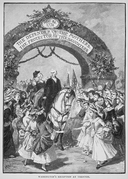 (1732-1799). First President of the United States. Washingtons reception at Trenton, New Jersey, 21 April 1789, en route to his inauguration in New York. Wood engraving, 19th century
