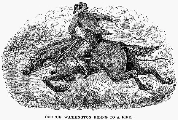(1732-1799). First President of the United States. Young George Washington riding to a fire. Wood engraving, 19th century