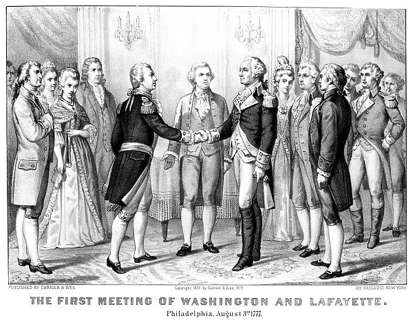(1732-1799). First President of the United States. The first meeting of Washington and Marquis de Lafayette, Philadelphia, Pennsylvania, 3 August 1777. Lithograph, 1776, by Currier & Ives