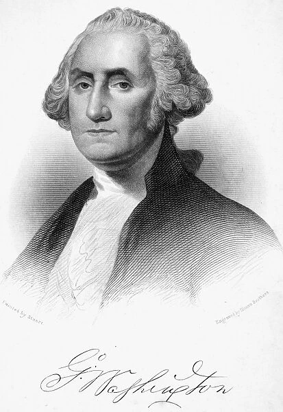 (1732-1799). First President of the United States. Steel engraving, American, 19th century, after the portrait by Gilbert Stuart