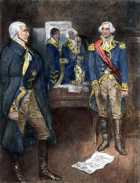 (1732-1799). First President of the United States. Washington repudiating the proposal by Colonel Lewis Nicola to employ the army to make himself king, at Newburgh, New York, 22 May 1782: colored wood engraving, 1883, after Howard Pyle