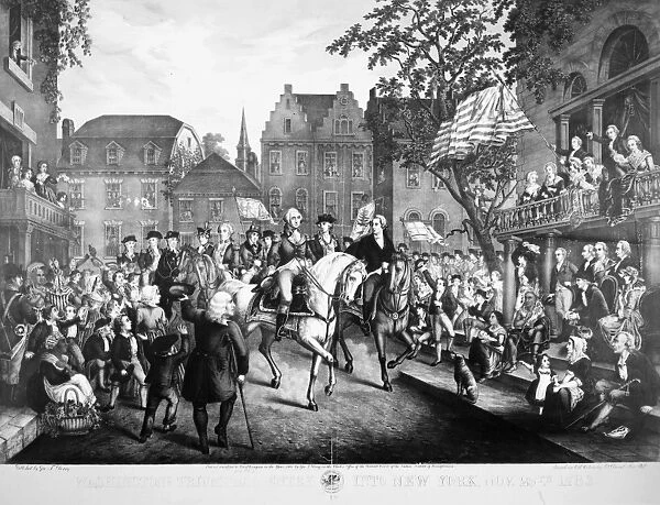 (1732-1799). First President of the United States. George Washingtons Triumphal Entry into New York City, 25 November 1783. Lithograph, 1860
