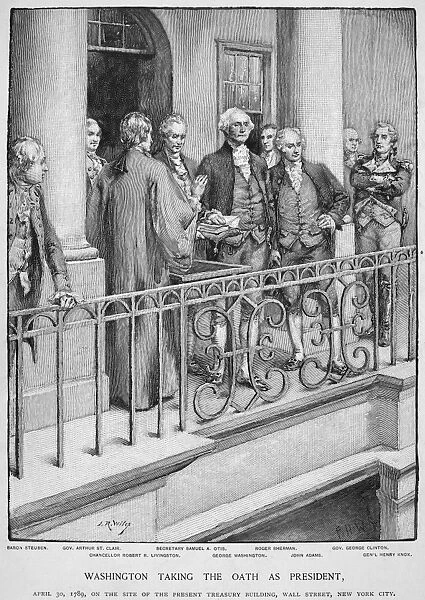 (1732-1799). First President of the United States. The inauguration of George Washington as the first President of the United States at Federal Hall, New York City, on 30 April 1789. Wood engraving, 1889