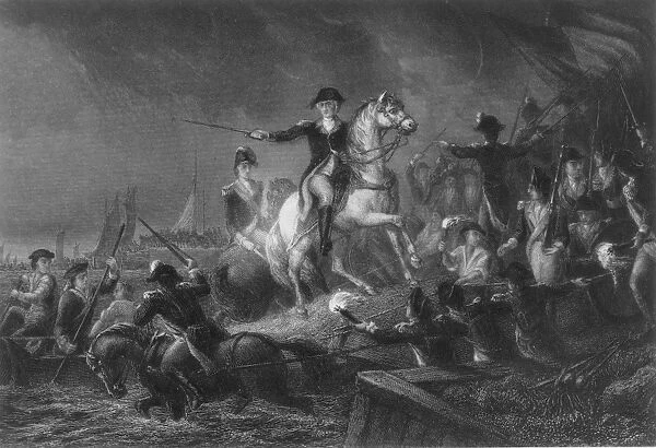(1732-1799). General George Washington directing the retreat to New York, August 30, 1776, at the Battle of Long Island. Line engraving, American, 19th century