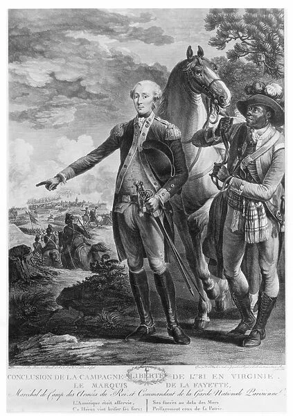 (1757-1834). French soldier and statesman. With James Armistead Lafayette (holding horse) at the Siege of Yorktown in 1781. Contemporary French line engraving by Noel Le Mire after Louis Lepaon
