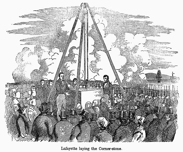 (1757-1834). French soldier and statesman. Lafayette laying the cornerstone of the Bunker Hill monument on the occasion of the 50th anniversary of the Battle of Bunker Hill, 17 June 1825. Wood engraving, American, 19th century