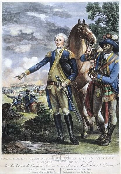 (1757-1834). French soldier and statesman. With James Armistead Lafayette (holding horse) at the Siege of Yorktown in 1781. Contemporary French line engraving by Noel Le Mire after Louis Lepaon