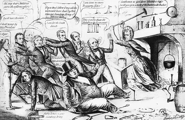 (1773-1841). Ninth President of the United States. Clar de Kitchen. American lithograph cartoon, 1840, depicting the expulsion from the White House of Martin Van Buren and other prominent Democrats by the victorious William Henry Harrison
