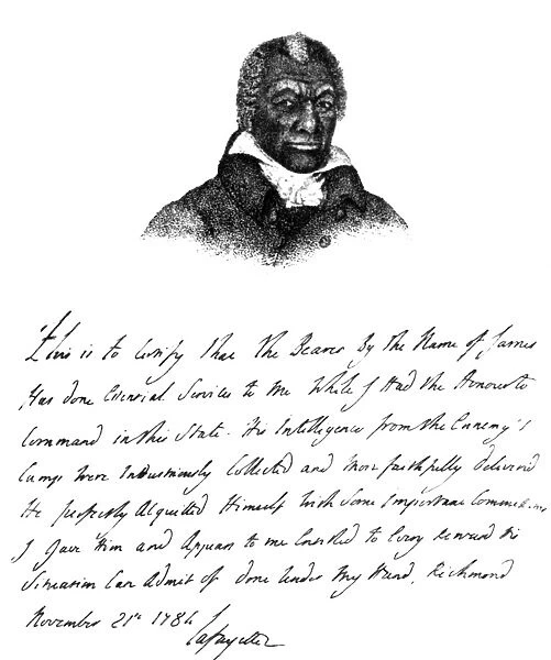 (1776-1824). American Revolutionary War spy. Engraving of the Marquis de Lafayettes certificate, 1784, commending Armistead for his Revolutionary War service, with portrait after John Martins c1824 painting