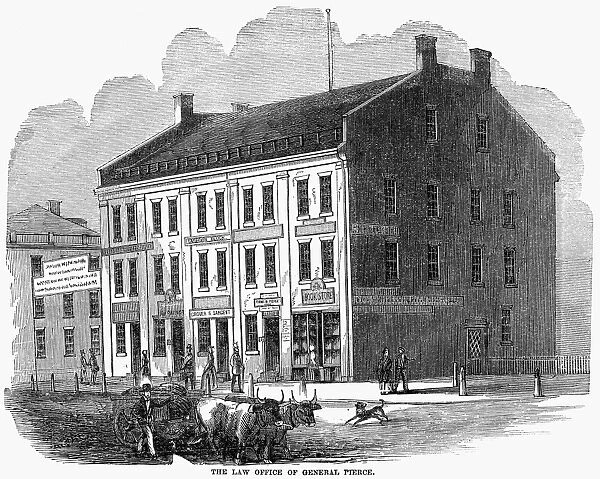(1804-1869). 14th President of the United States. The building housing the law office of Pierce in Concord, New Hampshire. Wood engraving, 1853
