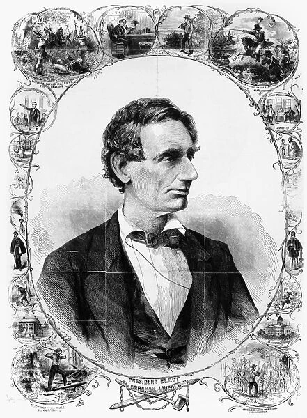 (1809-1865). 16th President of the United States. President Elect Abraham Lincoln, from Railsplitting to the White House. Wood engraving, 1860