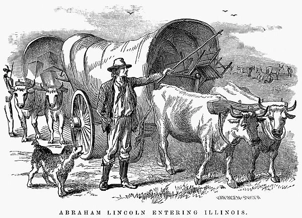 (1809-1865). 16th President of the United States. Lincoln entering Illinois in 1830. Wood engraving, American, 1868