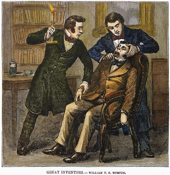 (1819-1868). American dentist. Dr. Morton successfully performing a tooth extraction under ether anesthetic on 30 September 1846, in Boston, Massachuesetts. Wood engraving, 19th century