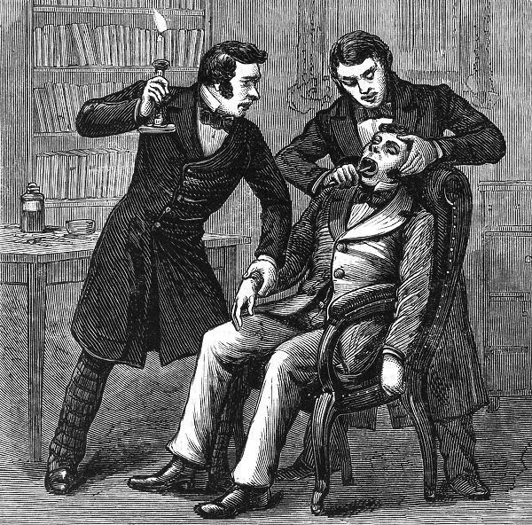 (1819-1868). American dentist. Dr. Morton successfully performing a tooth extraction under ether anesthetic, 30 September 1846, in Boston, Massachusetts. Wood engraving, 19th century