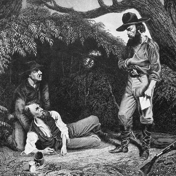 (1820-1861). Irish explorer in Australia. John King, William John Wills, and Burke at Coopers Creek in Queensland, Australia. Steel engraving, 19th century
