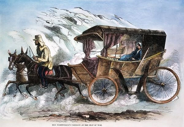 (1820-1910). English nurse, hospital reformer, and philanthropist. Traveling in her carriage and ambulance in the Crimea. Wood engraving, English, 1856
