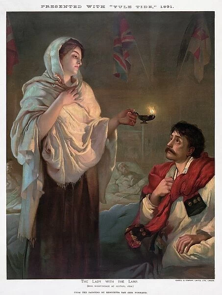 (1820-1910). English nurse. Lady with the Lamp (Miss Nightingale at Scutari, 1854), checking on wounded soldiers during the Crimean War, 1854-1856. Chromolithograph, English, after a painting by Henrietta Rae (1859-1928)