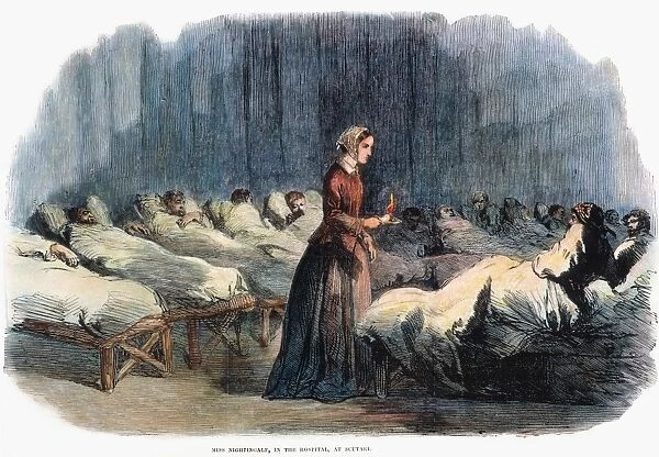 (1820-1910) in the enlisted mens ward of the British military hospital in Scutari, Turkey, during the Crimean War in 1855: contemporary English wood engraving
