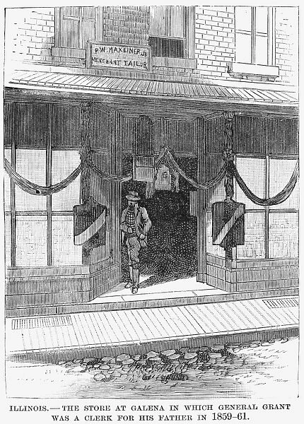 (1822-1885). 18th President of the United States. The store at Galena, Illinois in which Grant was a clerk for his father 1859-61. Wood engraving, American, 1885