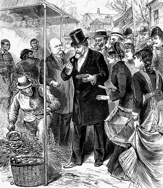 (1822-1893). 19th President of the United States. President Hayes at the Rhode Island clam bake at Rocky Point, near Providence, 28 June 1877. Wood engraving from a contemporary American newspaper