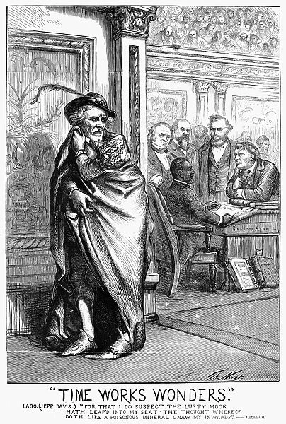 (1822-1901). American politician. Cartoon, 1870, by Thomas Nast on the irony of Revels occupying the Senate seat from Mississippi once held by Jefferson Davis
