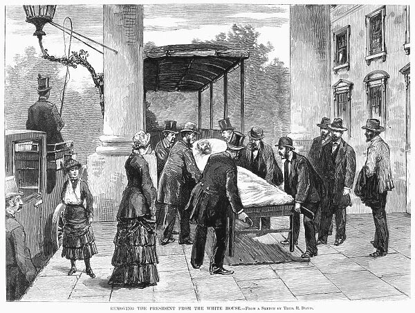 (1831-1881). 20th President of the United States. Removing the wounded President from the White House, after being shot on 2 July 1881. American newspaper engraving, 1881