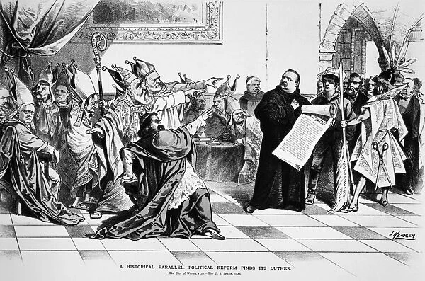(1836-1908). 22nd and 24th President of the United States. A historical parallel: political reform finds its Luther. Color lithograph, American, 1886