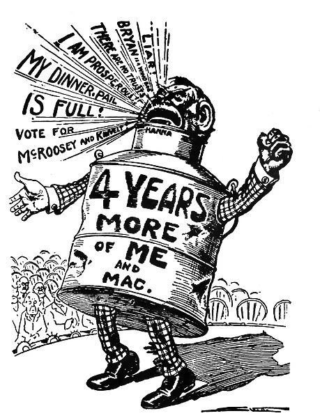 (1837-1904). American businessman and politician. An American newspaper cartoon published during the 1900 Presidential campaign that shows Hanna as a roaring dinner pail, a reference to the Republican slogan