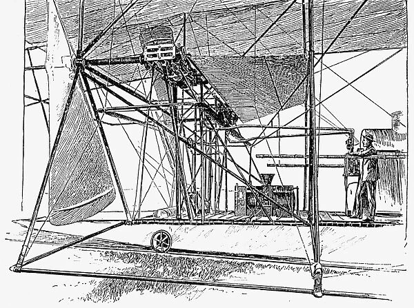 (1840-1916). Naturalized British (American-born) inventor. Sir Hirams flying machine, finished in 1894 and largest airship built to date. Line engraving, American 1894