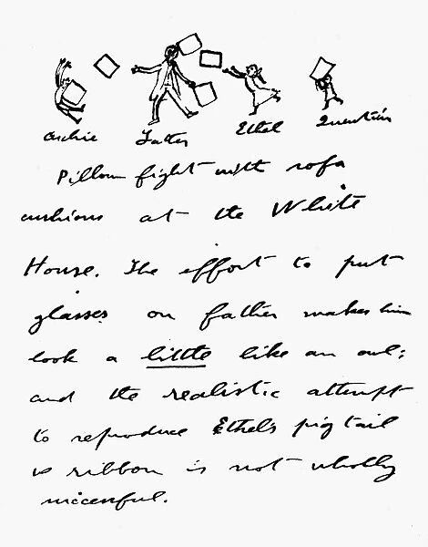(1858-1919). 26th President of the United States. Letter from Roosevelt to his son Kermit with a drawing of a family pillow fight at the White House, c1901-1908