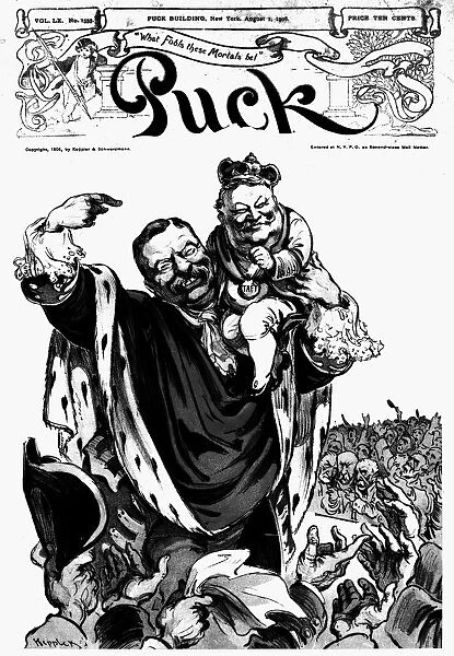(1858-1919). 26th President of the United States. Caricature of Roosevelt from the cover of Puck magazine, 1906, presenting his crown-prince, William Howard Taft, to the people