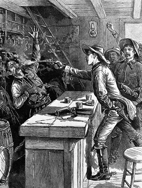 (1859-1881). Known as Billy the Kid. American desperado. Billy the Kid shooting a drifter who had pointed a gun at him. Wood engraving, American, late 19th century