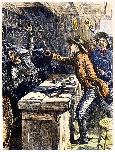 (1859-1881). Known as Billy the Kid. American desperado. Billy the Kid shooting a drifter who had pointed a gun at him. Wood engraving, American, late 19th century