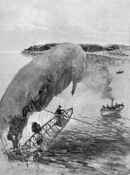 (1873-1932). Brazilian aviator. Santos-Dumont being rescued out of the Bay of Monaco after his airship crashed, 14 February 1902. Contemporary English illustration