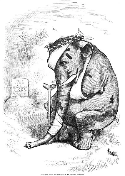 An 1877 cartoon by Thomas Nast of a battered Republican elephant licking its wounds after the Pyrrhic victory of the party in the election between Rutherford B. Hayes and Samuel Tilden after twenty disputed electoral votes were awarded to Hayes, 1876