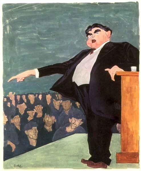 (1880-1969). American labor leader. Lewis addresses a meeting of the United Mine Workers. Cartoon by William Auerbach-Levy