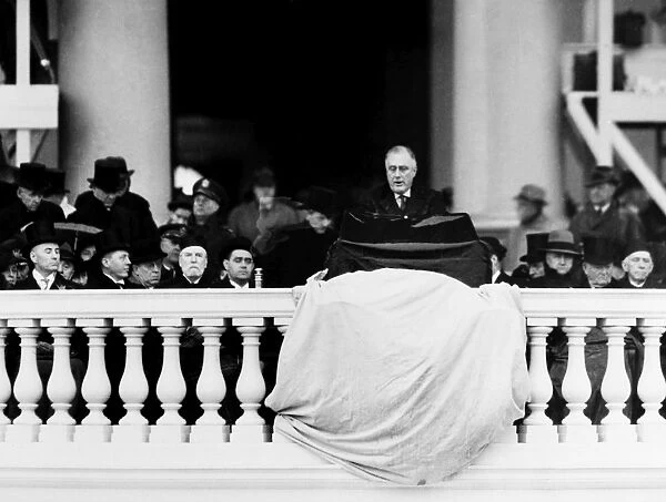 (1882-1945). 32nd President of the United States. Roosevelt delivering his second inaugural address, 1936