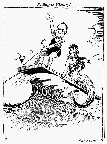 (1882-1945). 32nd President of the United States. Cartoon of Roosevelt riding the repeal of Prohibition plank to the Presidency. Drawing, 1932, by Fred O. Seibel